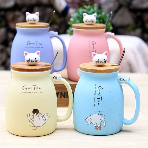 1lb Cartoon Ceramics Cat Mug With Lid and Spoon