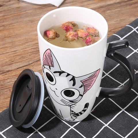 1.32lb Cartoon Creative Cat Mug With Lid and Spoon